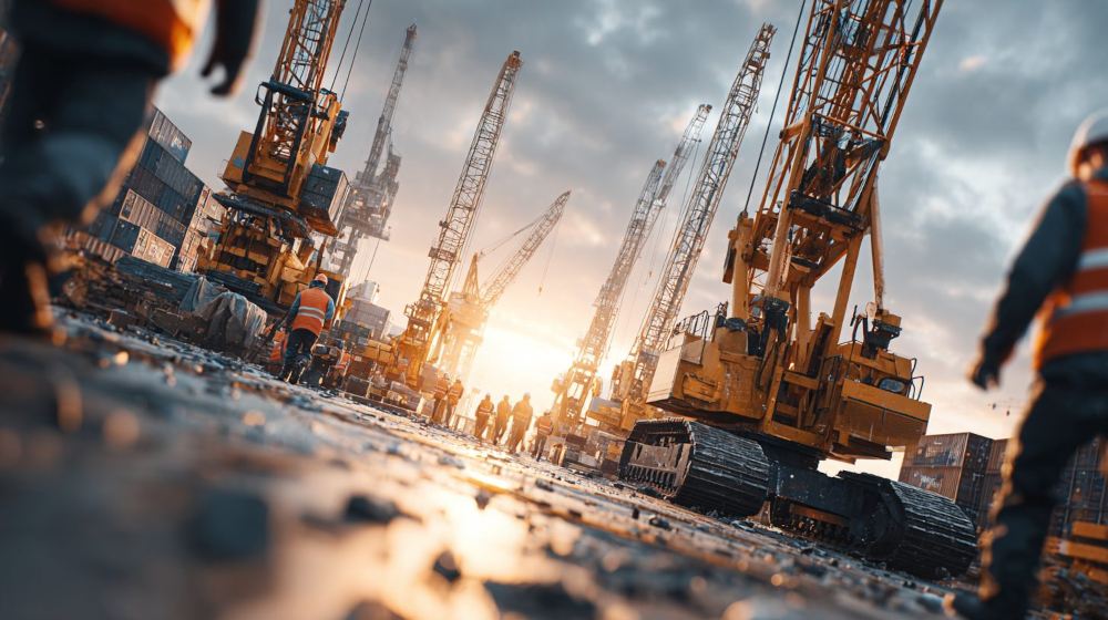 Фотореалистичное изображение современной строительной площадки на рассвете золотого часа, общий план с низкого ракурса снизу вверх для динамичного вида, подчеркивающего прогресс и эффективность; в центре — группа профессиональных строителей в оранжевых жилетах и касках, активно внедряющих новое тяжелое оборудование, такое как современный экскаватор и краны с блестящими металлическими деталями, вокруг разбросаны свежие материалы и инструменты, символизирующие обновление парка; атмосфера мотивирующая и профессиональная, с ощущением urgency и роста производительности; освещение мягкое естественное от восходящего солнца, создающее теплые золотистые блики на металле и тенях для глубины; цветовая палитра насыщенная с преобладанием теплых оранжевых и желтых тонов в оборудовании, контрастирующих с синими акцентами неба и холодными серыми бетонами, стиль цветокоррекции как в профессиональной промышленной фотографии с повышенной четкостью и контрастом; снято на камеру Canon EOS 5D Mark IV с объективом 24-70mm f/2.8 при диафрагме f/8 для резкой глубины резкости, высокое разрешение, детализированная текстура поверхностей без каких-либо надписей или — откладывайте внедрение стратегий