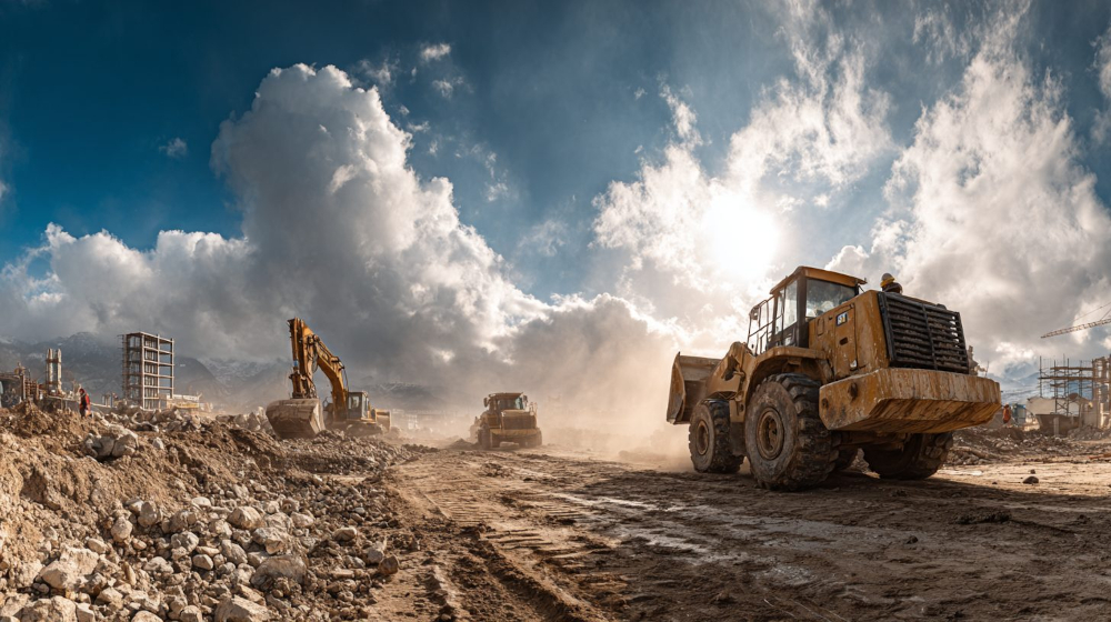 Сравнение экскаватора с бульдозером и скрепером на стройплощадке