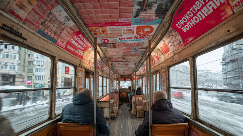 Реклама стройматериалов на борту трамвая в российском городе