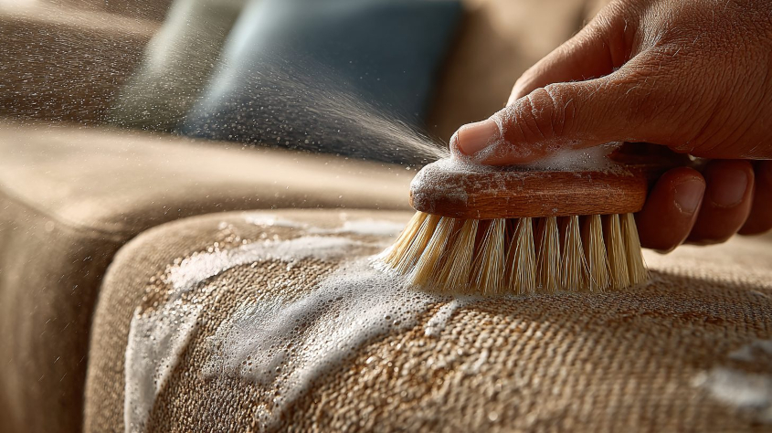 Процесс удаления стойких пятен с обивки дивана