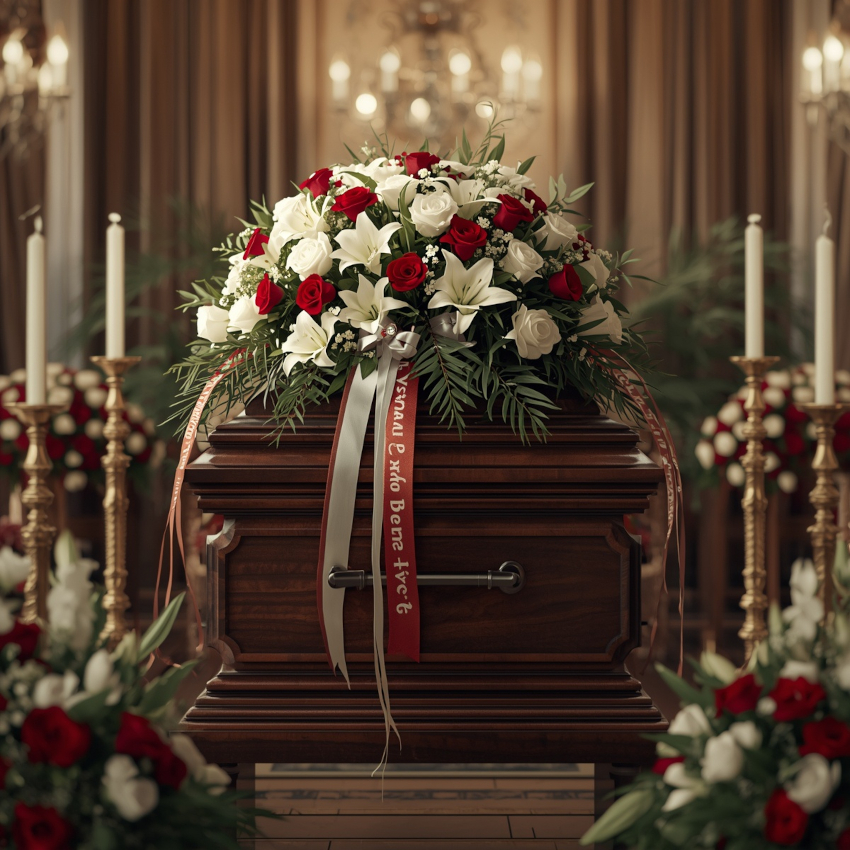 Гроб с цветами и венком