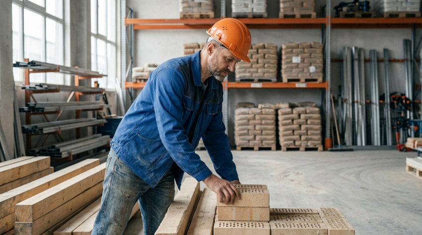 Строитель проверяет материалы на складе поставщика
