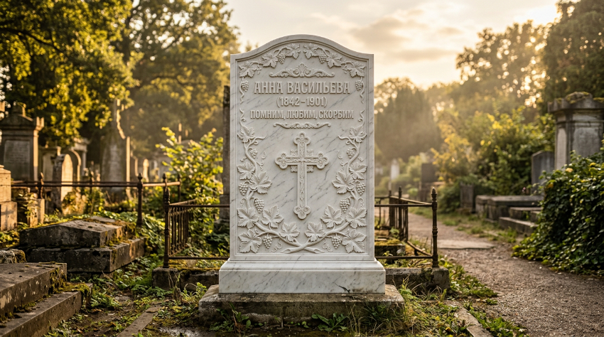 Белый мраморный памятник с резьбой на могиле