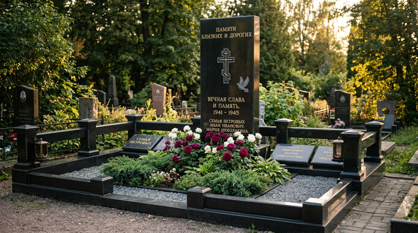 Комплексный мемориальный памятник из гранита с цветником