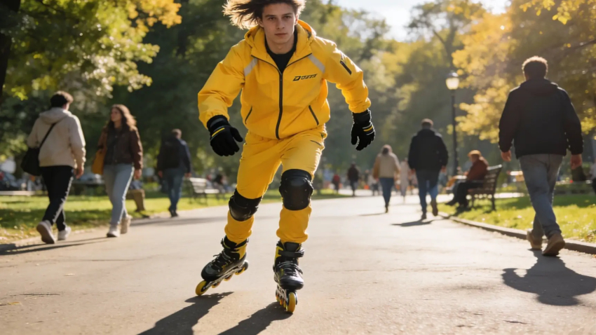 Курьер в яркой экипировке проверяет маршрут в приложении на смартфоне Курьер в яркой экипировке проверяет маршрут в приложении на смартфоне