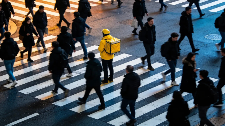 Курьер с термосумкой заходит в современный ресторан за заказом Курьер с термосумкой заходит в современный ресторан за заказом